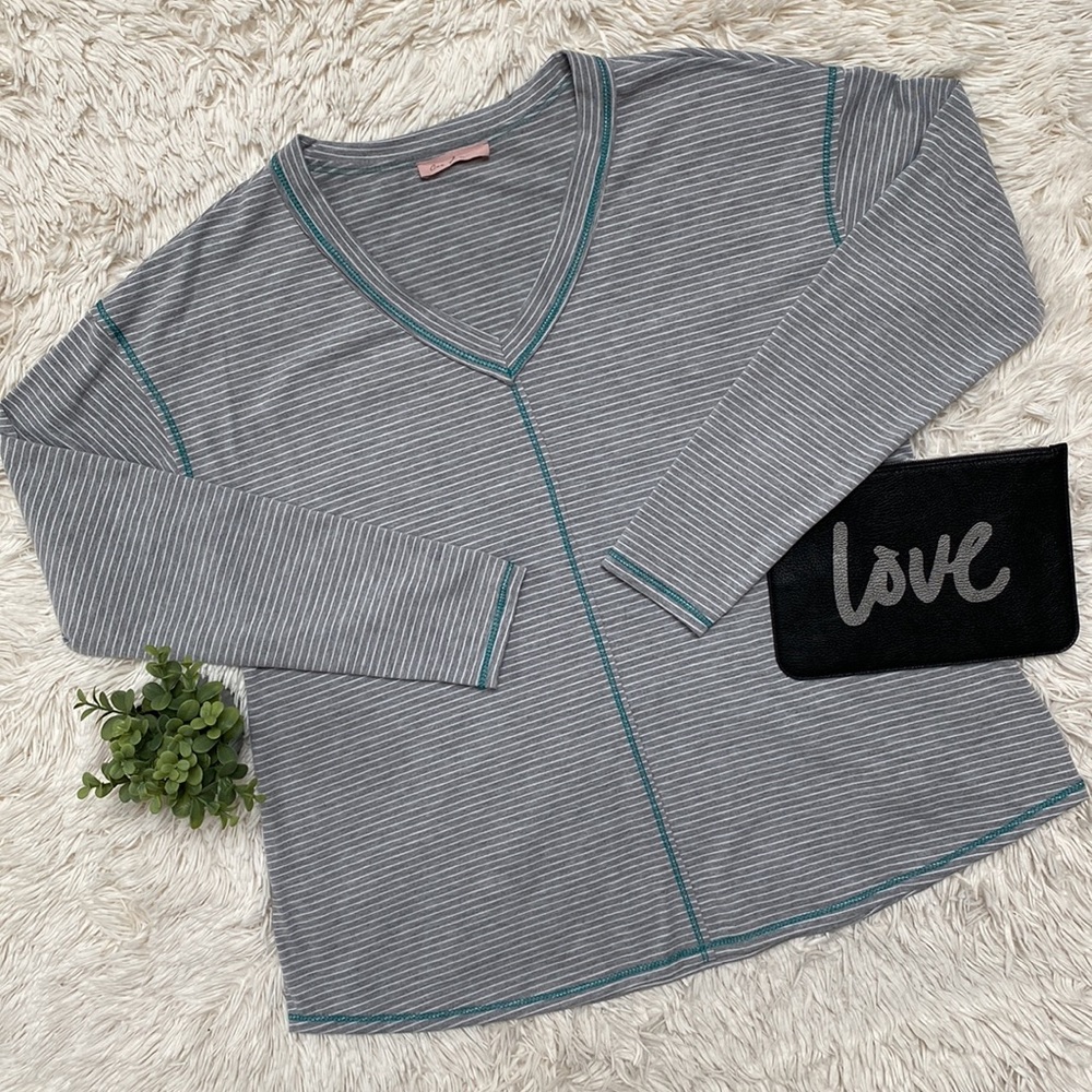 Ces Femme Exposed Seam Striped Top 💗 Gray White & Turquoise